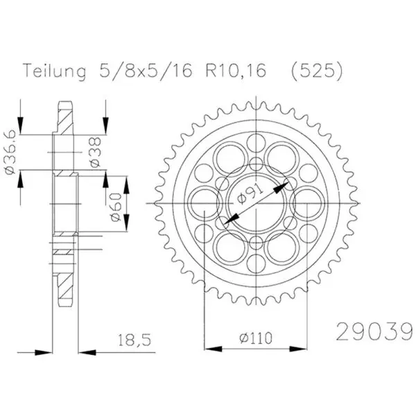 Esjot Kettenrad 29039 Stahl 39Z. 525 50-29039-39 OE 50-29039-39 0649964373340